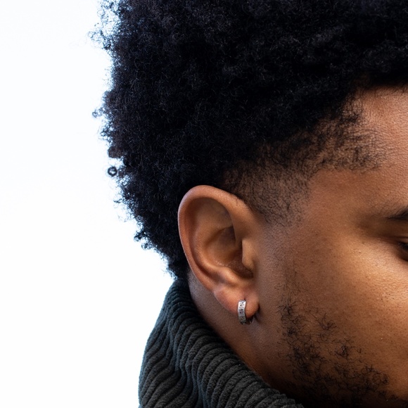 Small Solid White Gold Plated Sterling Silver Mens Greek Huggie Hoop Earrings - Picture 2 of 5